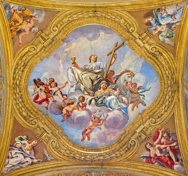 ROME, ITALY - MARCH 25, 2015: The fresco of virtues on the little cupola of side nave in church Basilica dei Santi Ambrogio e Carlo al Corso by Giacinto Brandi (1621 - 1691). — Stock Photo, Image