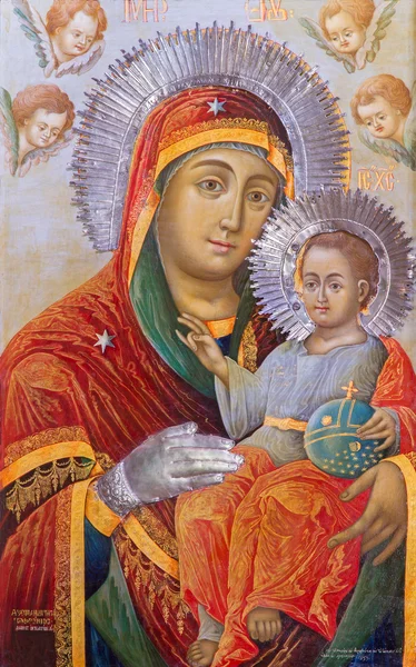 JERUSALEM, ISRAEL - MARÇO 5, 2015: O ícone Madonna r na Igreja Ortodoxa Grega de S. João Batista no bairro cristão do ano 1853 por artista desconhecido . — Fotografia de Stock