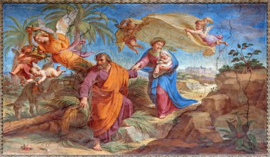 ROME, ITALY - MARCH 27, 2015: The Flight to Egypt fresco in Basilica di Sant Agostino (Augustine) by  Pietro Gagliardi form 19. cent. clipart