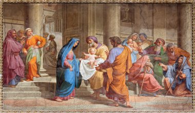 ROME, ITALY - MARCH 27, 2015: The Presentation in the Temple fresco in Basilica di Sant Agostino (Augustine) by  Pietro Gagliardi form 19. cent.
