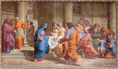 ROME, ITALY - MARCH 27, 2015: The Presentation in the Temple fresco in Basilica di Sant Agostino (Augustine) by  Pietro Gagliardi form 19. cent. clipart