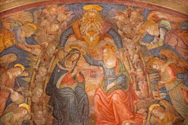 Rome, İtalya - 27 Mart 2015: Meryem Ana taç giyme fresk kilise San Pietro in Montorio Baldassarre Peruzzi 16. yüzde.