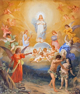 Rome, İtalya - 27 Mart 2015: Fresk Adem ve Havva cennetten kovulma kilise Basilica di kasa üzerinde Sant Andrea della Valle d. Monti 19 ucundan tarafından. yüzde.