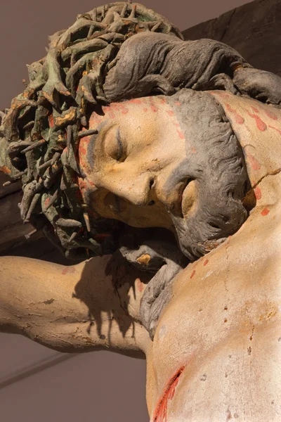 BANSKA STIAVNICA, SLOVAKIA - FEBRUARY 5, 2015: The detail of carved statue of Christ on the cross as the part of baroque Calvary from years 1744 - 1751. — Stock Photo, Image