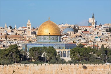 Jerusalem - Mount of Olives Outlook'tan Dom of Rock, Redeemer Kilisesi, kutsal Sepulchre Bazilikası ve latin kule patriarchat ile eski şehir.