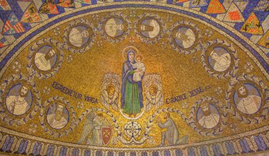 JERUSALEM, ISRAEL - MARCH 3, 2015: The mosaic of Madonna and with Twelve clans of Israel in Dormition abbey by Benedictine Radbod Commandeur from the Benedictine Abbey of Maria Laach from 20. cent. clipart
