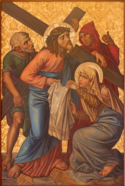 JERUSALEM, ISRAEL - 4 DE MARÇO DE 2015: A pintura Veronica limpa o rosto de Jesus. pintura do fim de 19. cêntimo. por artista desconhecido como parte do cruzamento cylce na Igreja Armênia de Nossa Senhora do Espasmo . — Fotografia de Stock