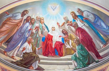 JERUSALEM, ISRAEL - MARCH 5 , 2015: The Pentecost scene. Fresco from 20. cent. in the side apse of Russian orthodox cathedral of Holy Trinity in the Russian Compound. clipart