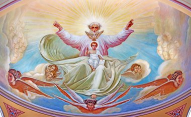 JERUSALEM, ISRAEL - MARCH 5 , 2015: God the Father with the little Jesus. Fresco from 20. cent. in the side apse of Russian orthodox cathedral of Holy Trinity in the Russian Compound.
