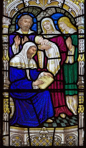 JERUSALEM, ISRAEL - MARCH 5, 2015: The birth of st. John the Baptist scene on the windowpane in st. George anglicans church from end of 19. cent. — ストック写真