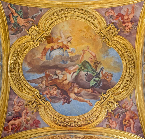 ROME, ITALY - MARCH 25, 2015: The fresco of Hope and Truth on the little cupola of side nave in church Basilica dei Santi Ambrogio e Carlo al Corso by Pio Paolini from (1678 - 81 ) – stockfoto