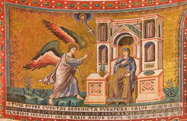 ROME, ITALY - MARCH 27, 2015: Old mosaic the Anuntiation in church Basilica di Santa Maria in Trastevere from 13. cent. by Pietro Cavallini.
