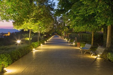 Granada, İspanya - 30 Mayıs 2015: Alacakaranlıkta Alhambra palace, Generalife bahçeleri.