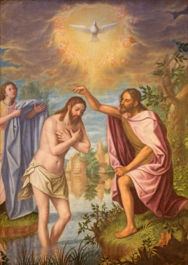 GRANADA, SPAIN - MAY 31, 2015: The Baptism of Christ painting in main nave of church Monasterio de la Cartuja  by Fray Juan Sanchez Cotan (1560 - 1627).