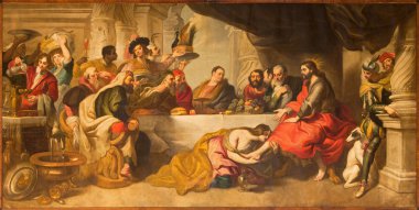 MALAGA, SPAIN - MAY 31, 2015: The supper of Jesus by Simon the Pharisee in Cathedral by Miguel Manrique from 17. cent. clipart