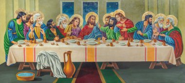 JERUSALEM, ISRAEL - MARCH 3, 2015: The painting The Last supper by artist Andranik (2001) on the wood in orthodox church Tomb of the Virgin Mary by unknown artist of 19. cent.
