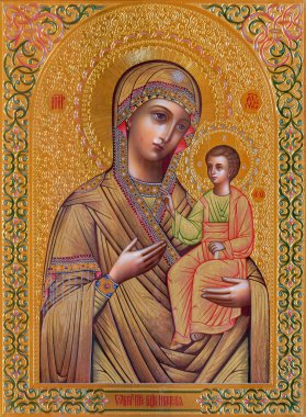 JERUSALEM, ISRAEL - MARCH 5, 2015: The icon of Madonna in Russian orthodox Church of Holy Mary of Magdalene by unknown artist on the Mount of Olives.