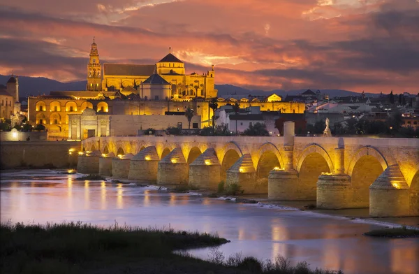 Cordoba - The Roman bridge and the Cathedral in the background at dusk — Stock Photo, Image