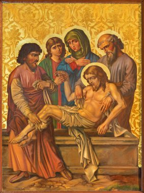 JERUSALEM, ISRAEL - MARCH 4, 2015: The Burial of Jesus paint from end of 19. cent. by unknown artist as part of cross way cycle in Armenian Church Of Our Lady Of The Spasm.