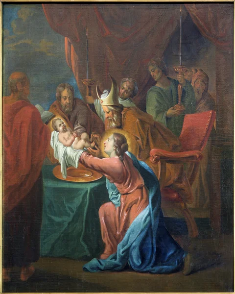 BRUGGE, BELGIUM - JUNE 12, 2014: The Presentation of Jesus in the Temple paint by Jan van den Kerckhove 1707 in st. Jocobs church (Jakobskerk) — Stockfoto