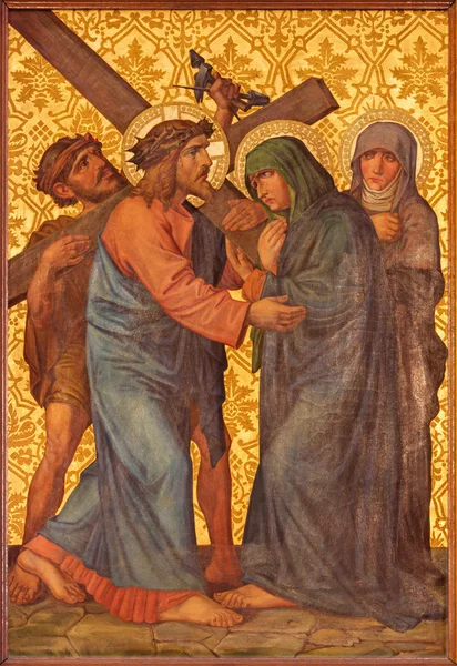 GERUSALEMME, ISRAELE - 4 MARZO 2015: Il Gesù incontra sua madre dipingere da fine 19. centesimo. da artista sconosciuto come parte del ciclo trasversale nella Chiesa armena di Nostra Signora dello Spasmo . — Foto Stock