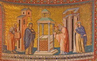 ROME, ITALY - MARCH 27, 2015: The mosaic of Presentation in the Temple in Santa Maria in Trastevere basilica by Pietro Cavallini from year 1291