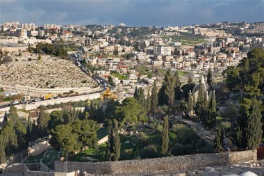 Jerusalem - Mount of Olives Outlook'tan Hl. Mary Magdalene Rus Ortodoks Kilisesi sabah ışık
