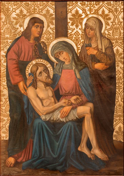 JERUSALEM, ISRAEL - MARÇO 4, 2015: A pintura Pieta do final de 19. cent. por artista desconhecido como parte do cruzamento cylce na Igreja Armênia de Nossa Senhora do Espasmo . — Fotografia de Stock