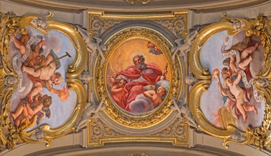 Roma, İtalya - 26 Mart 2015: Ceilng fresco Eternity babası Giacinto Calendrucci (1693) tarafından yan şapel kilise Chiesa di Santa Maria Transpontina ve st. İlyas Peygamber Şapel.