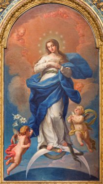 Rome, İtalya - 25 Mart 2015: Immaculate Conception boya kilise Chiesa della Santissima Trinita degli Spanoli - teslis prensibine sipariş Francesco Preciado de La Vega (1750) tarafından.