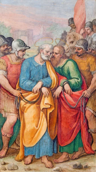 Rome, Italië - 26 maart 2015: Het fresco van st. Peter en st. Paul in bond door G. B. Ricci van 16. cent. in de kerk Chiesa di Santa Maria in Traspontina en kapel van st. Peter en Paul. — Stockfoto