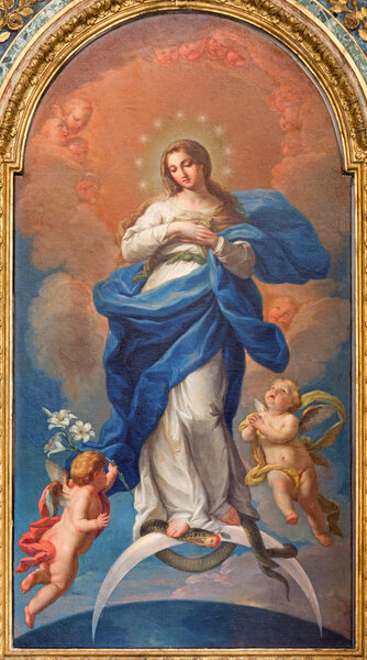 ROME, ITALY - MARCH 25, 2015: The Immaculate Conception paint by Francesco Preciado de La Vega (1750) in the church Chiesa della Santissima Trinita degli Spanoli - Trinitarian order.