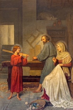 Rome, İtalya - 25 Mart 2015: Angelo Zoffoli (1860-1910) Barok kilise Basilica dei Santi Ambrogio e Carlo al Corso tarafından Kutsal Aile boyama.