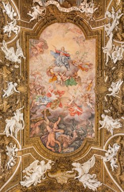 Rome, İtalya - 24 Mart 2015: Tavan fresk Virgin zafer ve Protestan kilise Chiesa di Santa Maria della Vittoria Giovanni Domenico Cerrini (1675) tarafından devrilmesi.