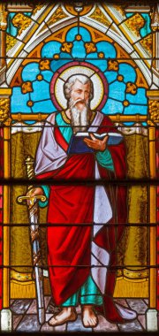 BANSKA BELA, SLOVAKIA - FEBRUARY 5, 2015: The St. Pautl the Apostle on the windowpane of St. John the Evangelist church from end of 19. cent.