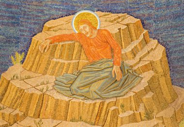 JERUSALEM, ISRAEL - MARCH 3, 2015: The mosaic of Jesus in Gethsemane garden in The Church of All Nations (Basilica of the Agony) by Pietro D'Achiardi (1922 - 1924).