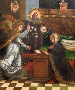 GRANADA, SPAIN - MAY 31, 2015: The painting of Annunciation in church Monasterio de la Cartuja by unknown artist in Sala Capitular.