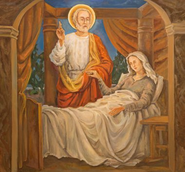 TEL AVIV, ISRAEL - MARCH 2, 2015: The modern paint of scene Saint Peter raised Tabitha  from st. Peters church in old Jaffa.