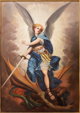TEL AVIV, ISRAEL - MARCH 2, 2015: The paint of archangel Michael from st. Peters church in old Jaffa by P. Zalarn from end of 19. cent. clipart
