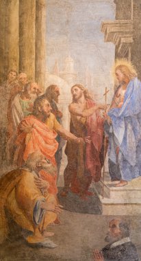 ROME, ITALY - MARCH 27, 2015:The fresco as The John the baptist shows the Christ  by  Leonardo Milanese from 16. cent. in St. John the Baptist chapel of church San Pietro in Montorio.