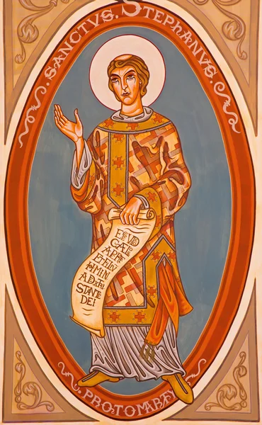 JERUSALEM, ISRAEL - MARCH 5, 2015: The painting of St. Stephen in presbytery of st. Stephen church from 20. cent. — Stock Fotó