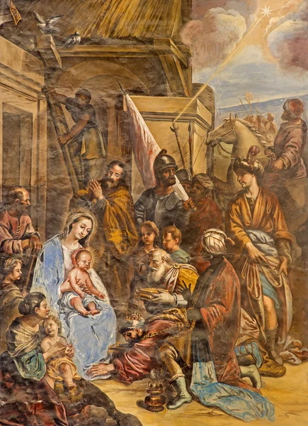 GRANADA, ESPAÑA - 29 DE MAYO DE 2015: Los Tres Magos frescos en la iglesia Monasterio de San Jerónimo por Juan de Medina desde el 18.céntimo . — Foto de Stock
