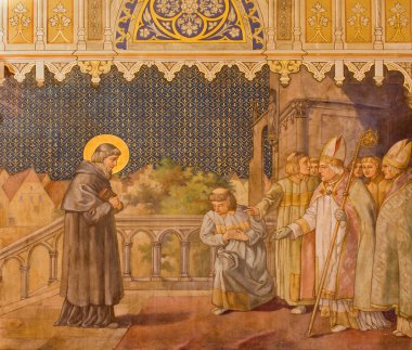 Trnava, Slovakya - 14 Ekim 2014: Aziz Nikolaos canlı Leopold Bruckner (1905-1906) St. Nicholas Kilisesi tarafından sahneleri açık havada.