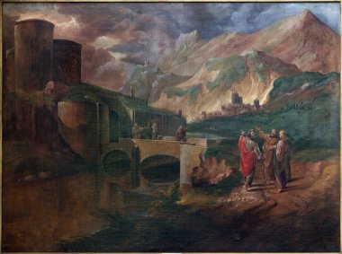 BRUGES, BELGIUM - JUNE 12, 2014: Paint of scene Jesus and brothers of Zebedee by D. Nolet (1694) in st. Jacobs church (Jakobskerk).