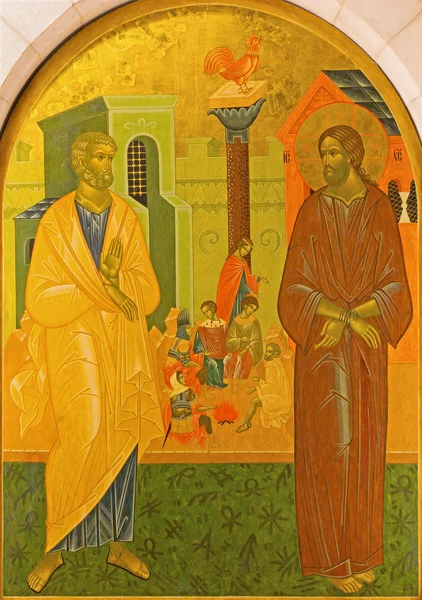 ИЕРУСАЛИМ, ИРАИЛЬ - 3 МАРТА 2015: Петр отрекается от Иисуса. Икона в храме Святого Петра в Галликанту . — стоковое фото