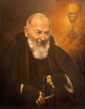 CORDOBA, SPAIN - MAY 27, 2015: The fine art portrait of St. Pater Pio (Father Pio) by unknown artst of 20. cent. in church  Convento de Capuchinos (Iglesia Santo Anchel). clipart