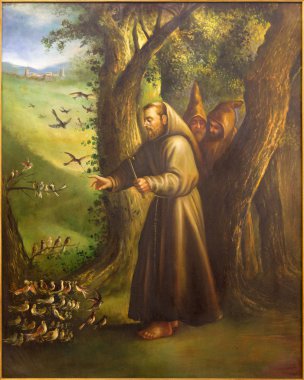 CORDOBA, SPAIN - MAY 27, 2015: The modern paint of St. Francis of Assisi Preaching to the birds from 20. cent. in church Convento de Capuchinos (Iglesia Santo Anchel). clipart