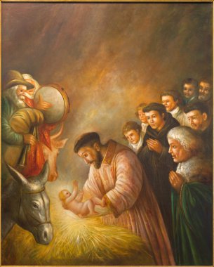 Cordoba, İspanya - 27 Mayıs 2015: Doğuş 20 bilinmeyen sanatçı sahnede St Francis Assisi modern boya. cent. Convento de Capuchinos (Iglesia Santo Anchel kilisede)