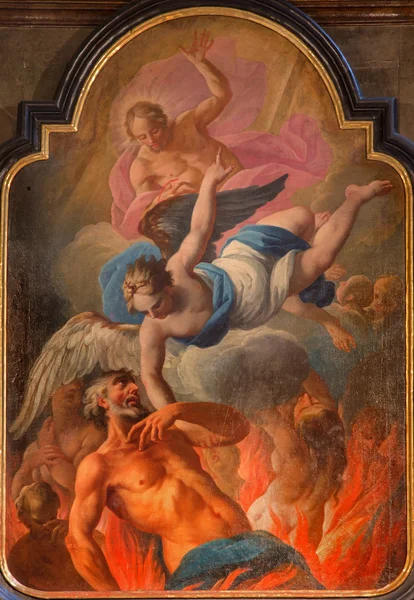 VIENNA, ÁUSTRIA - FEVEREIRO 17, 2014: A pintura de libertação da alma forma purgatório em São Annes barroco igreja. Cena forma a vida do santo na Eucaristia dando . — Fotografia de Stock