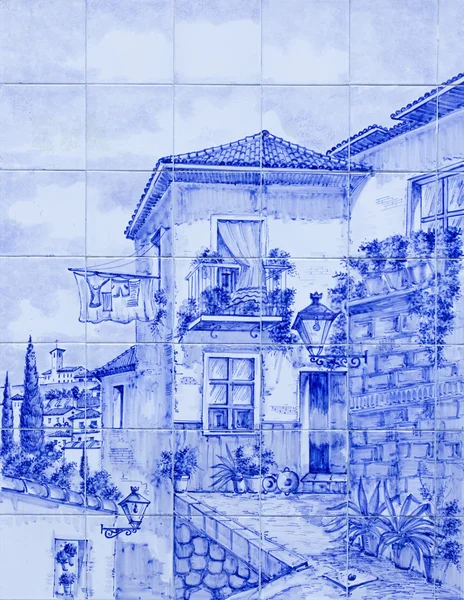 GRANADA, ESPANHA - 29 de maio de 2015: A cena da antiga Granada sobre os azulejos das ruas de Alcaiceria pelo artista M.Aznar. — Fotografia de Stock